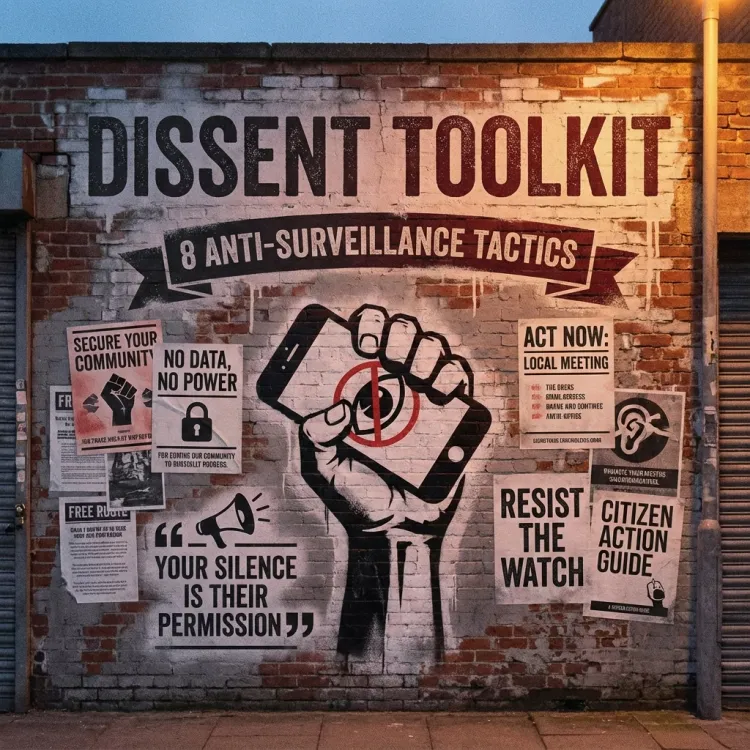 Dissent Toolkit street art mural with raised fist and anti-surveillance protest posters on brick wall