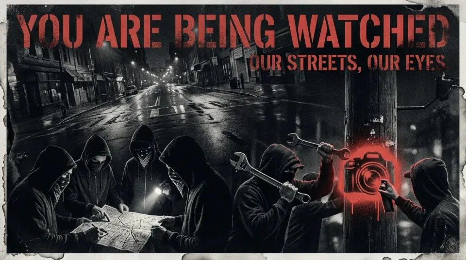 Surveillance camera network illustration showing people being watched on city streets with text 'You Are Being Watched' for Flock camera tracking article